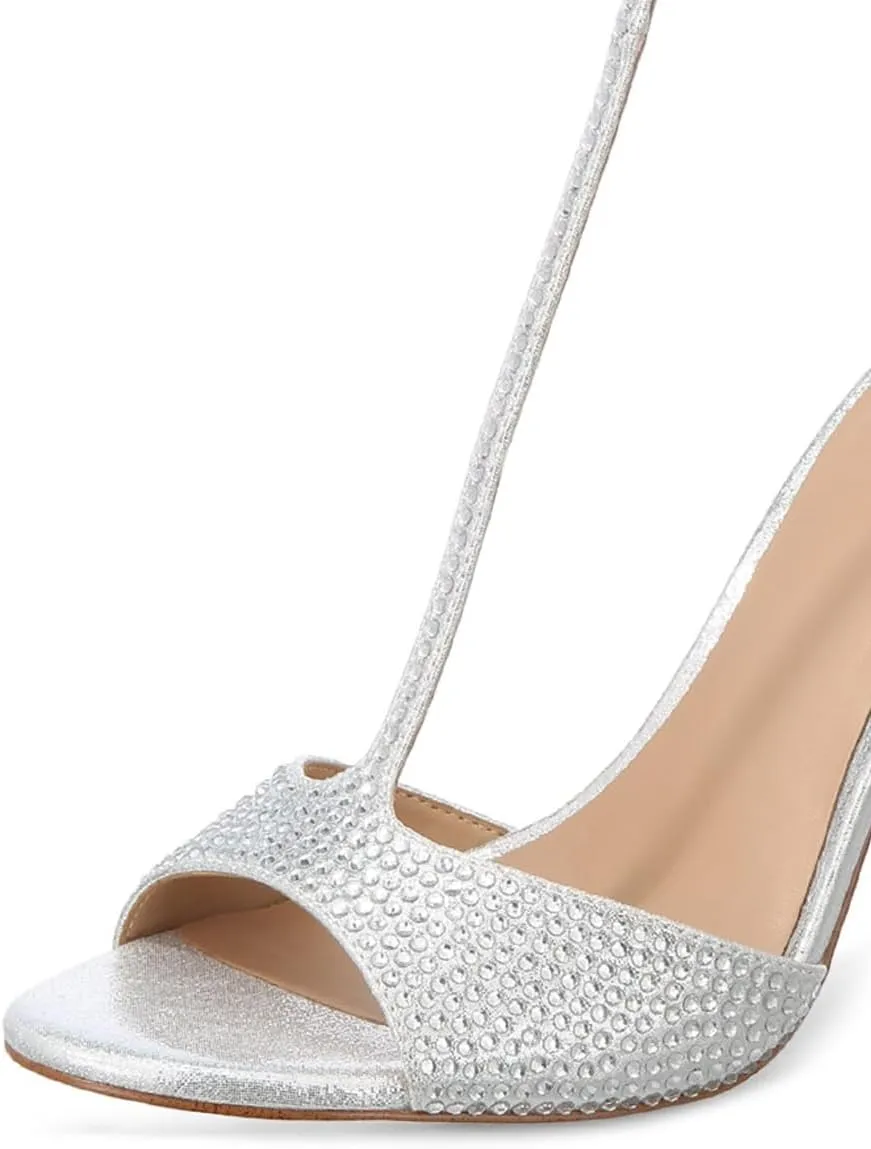 XYD Women Elegant T-Bar Sandals Open Toe Dazzling Crystal Studs Ankle Strap Block High Heels Evening Shoes