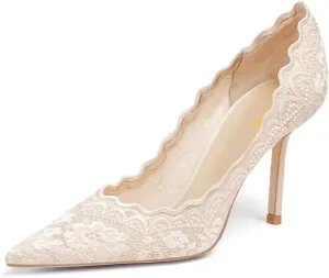 XYD Women Embroidery Lace Wedding Pumps Elegant Pointed Toe Stiletto High Heels Slip-on Bride Bridesmaid Party Shoes