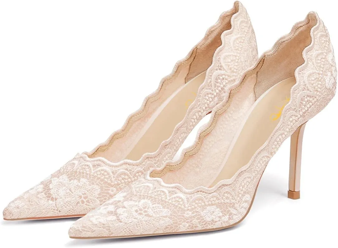 XYD Women Embroidery Lace Wedding Pumps Elegant Pointed Toe Stiletto High Heels Slip-on Bride Bridesmaid Party Shoes
