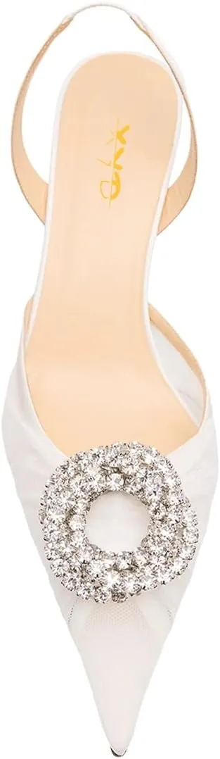 XYD Women Gauze Mesh Crystal Slingback Pumps Pointed Toe Elegant Low Heels Evening Wedding Party Shoes