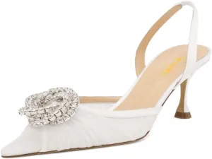 XYD Women Gauze Mesh Crystal Slingback Pumps Pointed Toe Elegant Low Heels Evening Wedding Party Shoes