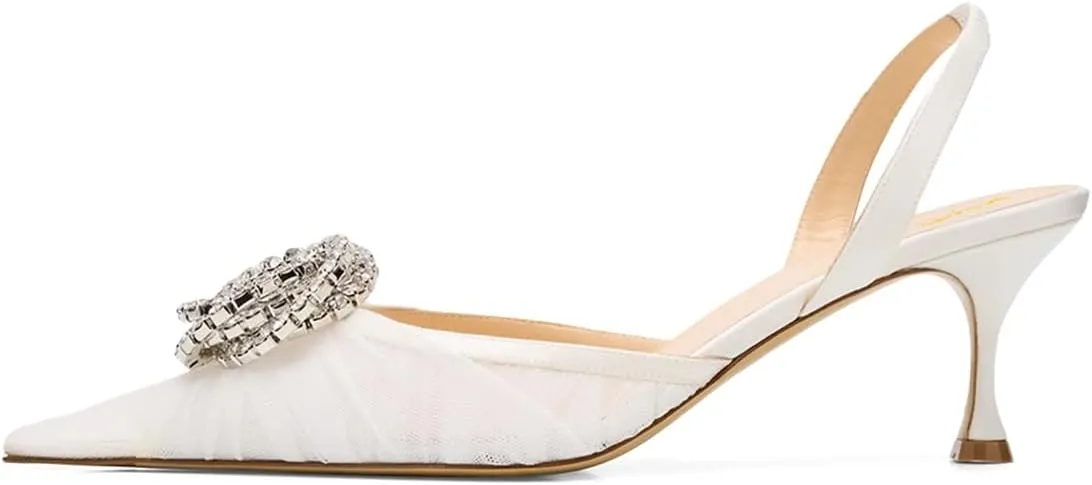 XYD Women Gauze Mesh Crystal Slingback Pumps Pointed Toe Elegant Low Heels Evening Wedding Party Shoes