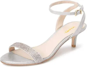 XYD Women Open Toe Ankle Strap Sandals Wedding Kitten Heels Rhinestones Studded Buckle Dance Casual Dress Shoes