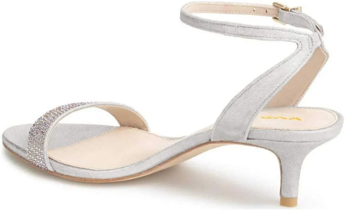 XYD Women Open Toe Ankle Strap Sandals Wedding Kitten Heels Rhinestones Studded Buckle Dance Casual Dress Shoes