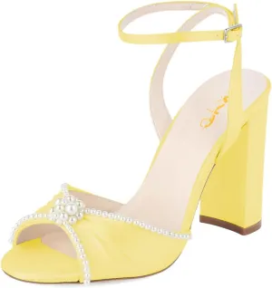 XYD Women Open Toe Pearl Wedding Shoes Block Heel Sandals Ankle Strappy Elegant Brides Party Pumps