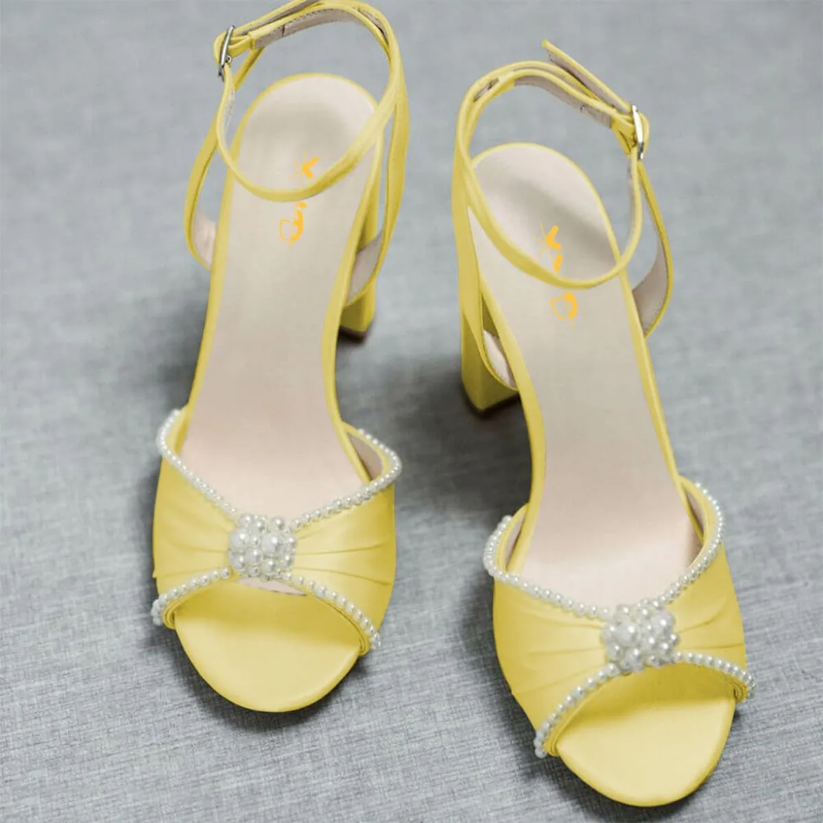 XYD Women Open Toe Pearl Wedding Shoes Block Heel Sandals Ankle Strappy Elegant Brides Party Pumps