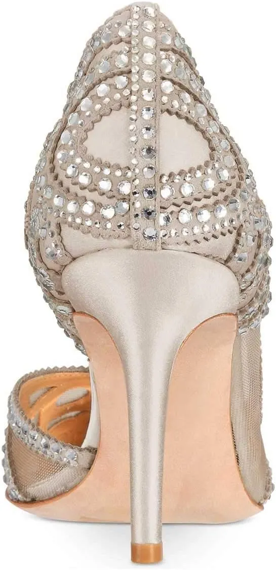 XYD Women Pointy Toe Crystal Studded Bridal Pumps High Heel Slip On D'Orsay Mesh Rhinestone Wedding Dress Shoes