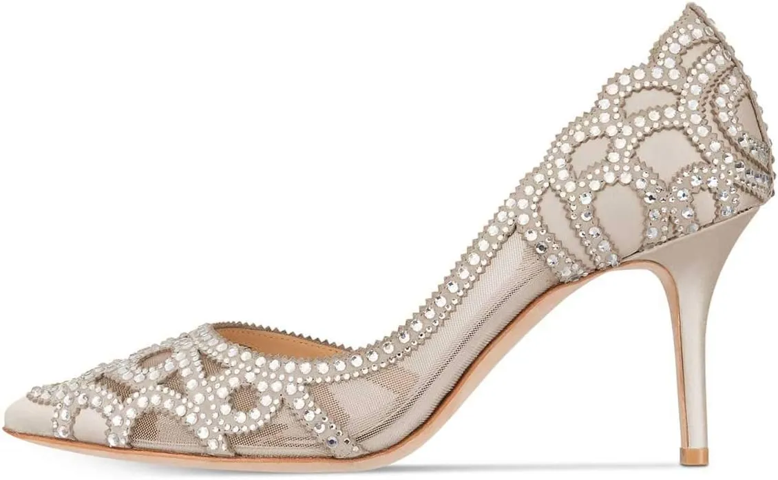 XYD Women Pointy Toe Crystal Studded Bridal Pumps High Heel Slip On D'Orsay Mesh Rhinestone Wedding Dress Shoes
