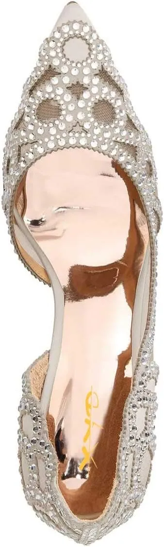 XYD Women Pointy Toe Crystal Studded Bridal Pumps High Heel Slip On D'Orsay Mesh Rhinestone Wedding Dress Shoes