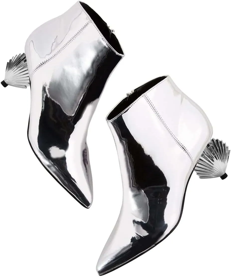 XYD Women Scallop Low Heel Ankle Boots Pointed Toe Side Zipper Fashion Party Dress Bootie Shoes
