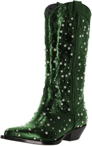 XYD Women's Cowboy Cowgirl Booties Shoes Mid Calf Pointed Toe Studded Stacked Low Heel Western Boots for Party Dress