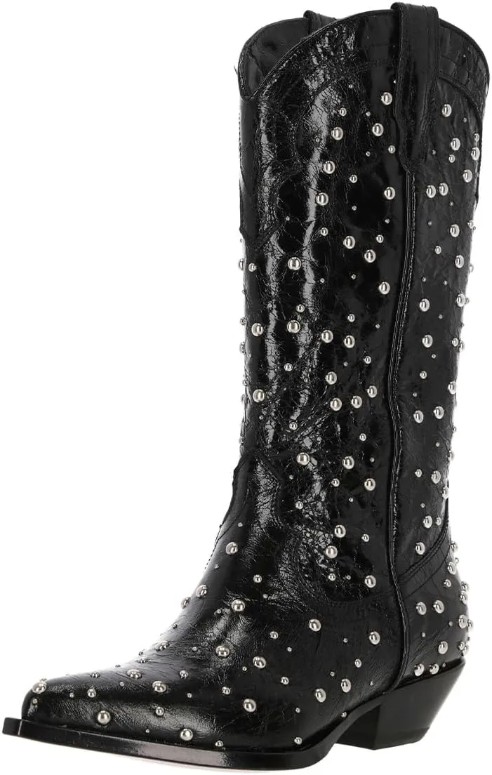 XYD Women's Cowboy Cowgirl Booties Shoes Mid Calf Pointed Toe Studded Stacked Low Heel Western Boots for Party Dress