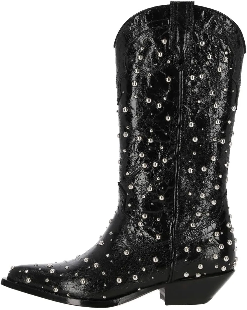 XYD Women's Cowboy Cowgirl Booties Shoes Mid Calf Pointed Toe Studded Stacked Low Heel Western Boots for Party Dress