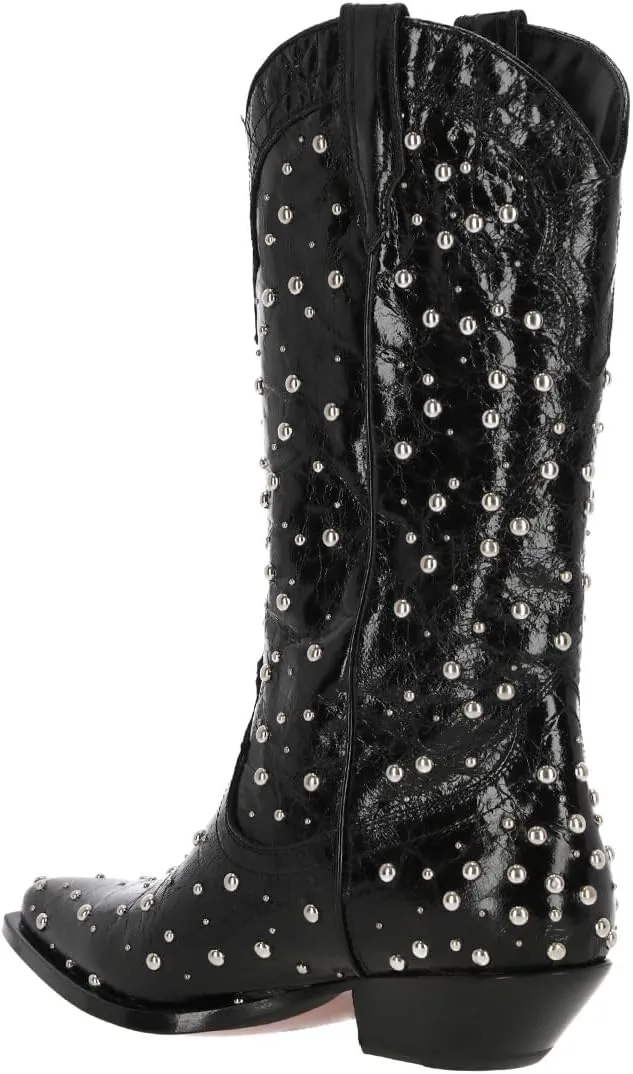 XYD Women's Cowboy Cowgirl Booties Shoes Mid Calf Pointed Toe Studded Stacked Low Heel Western Boots for Party Dress