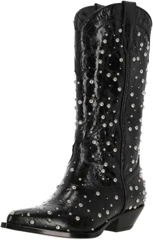 XYD Women's Cowboy Cowgirl Booties Shoes Mid Calf Pointed Toe Studded Stacked Low Heel Western Boots for Party Dress