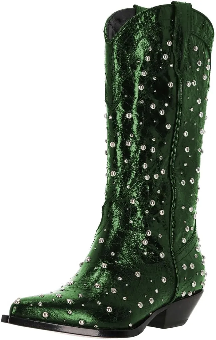 XYD Women's Cowboy Cowgirl Booties Shoes Mid Calf Pointed Toe Studded Stacked Low Heel Western Boots for Party Dress