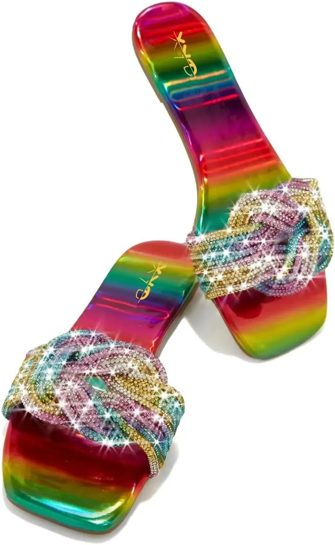 XYD Women's Glitter Shiny Rhinestone Straps Slide Sandals Sparkle Fancy Open Toe Flat Slippers Slip-on Jeweled Casual Summer Shoes