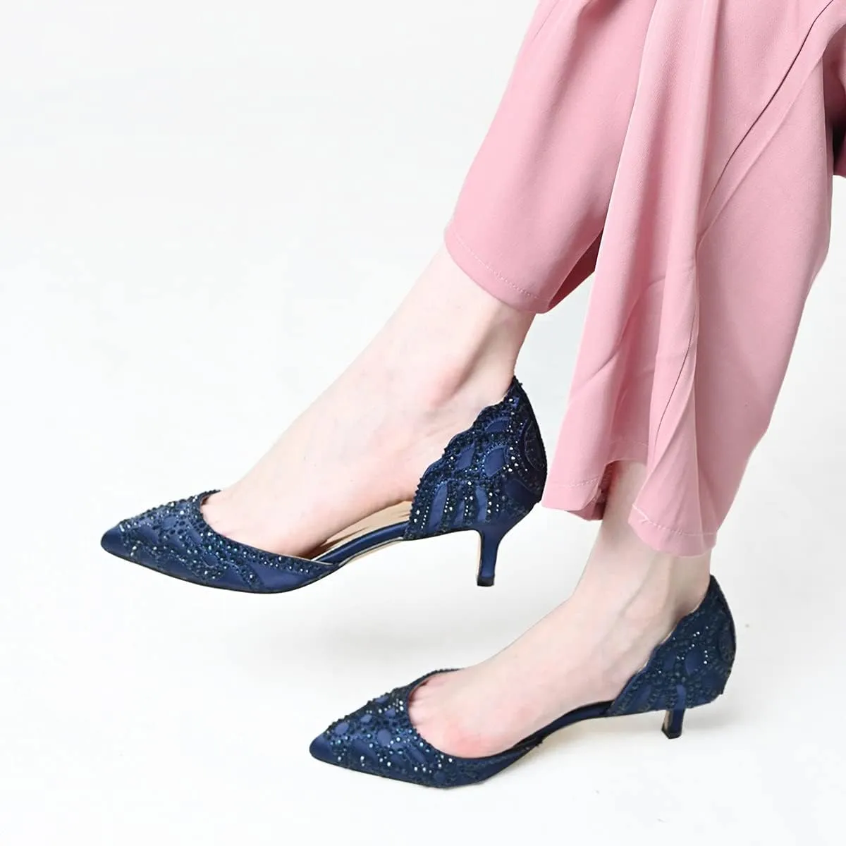 XYD Women's Pumps, Elegant Closed Pointed Toe, D'Orsay Kitten Low Heels, Rhinestone Studs, Slip-On Satin Shoes for Wedding