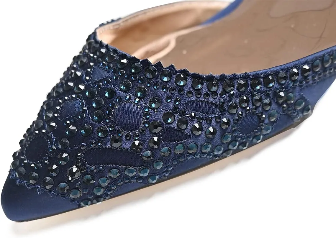 XYD Women's Pumps, Elegant Closed Pointed Toe, D'Orsay Kitten Low Heels, Rhinestone Studs, Slip-On Satin Shoes for Wedding