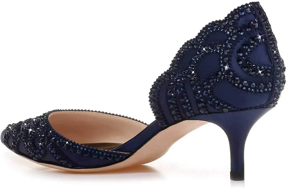 XYD Women's Pumps, Elegant Closed Pointed Toe, D'Orsay Kitten Low Heels, Rhinestone Studs, Slip-On Satin Shoes for Wedding