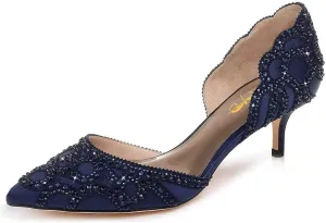 XYD Women's Pumps, Elegant Closed Pointed Toe, D'Orsay Kitten Low Heels, Rhinestone Studs, Slip-On Satin Shoes for Wedding
