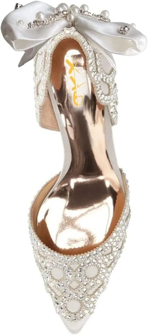 XYD Women's Pumps, Elegant Pointed Toe, D'Orsay Bowknot Kitten Low Heels, Rhinestone Studs, Slip-On Satin Shoes for Wedding