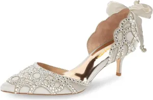 XYD Women's Pumps, Elegant Pointed Toe, D'Orsay Bowknot Kitten Low Heels, Rhinestone Studs, Slip-On Satin Shoes for Wedding