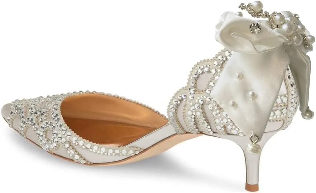 XYD Women's Pumps, Elegant Pointed Toe, D'Orsay Bowknot Kitten Low Heels, Rhinestone Studs, Slip-On Satin Shoes for Wedding