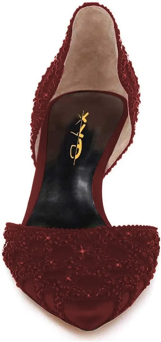 XYD Women's Pumps, Elegant Pointed Toe, D'Orsay Kitten Low Heels, Rhinestone Studs, Slip-On Satin Shoes for Wedding