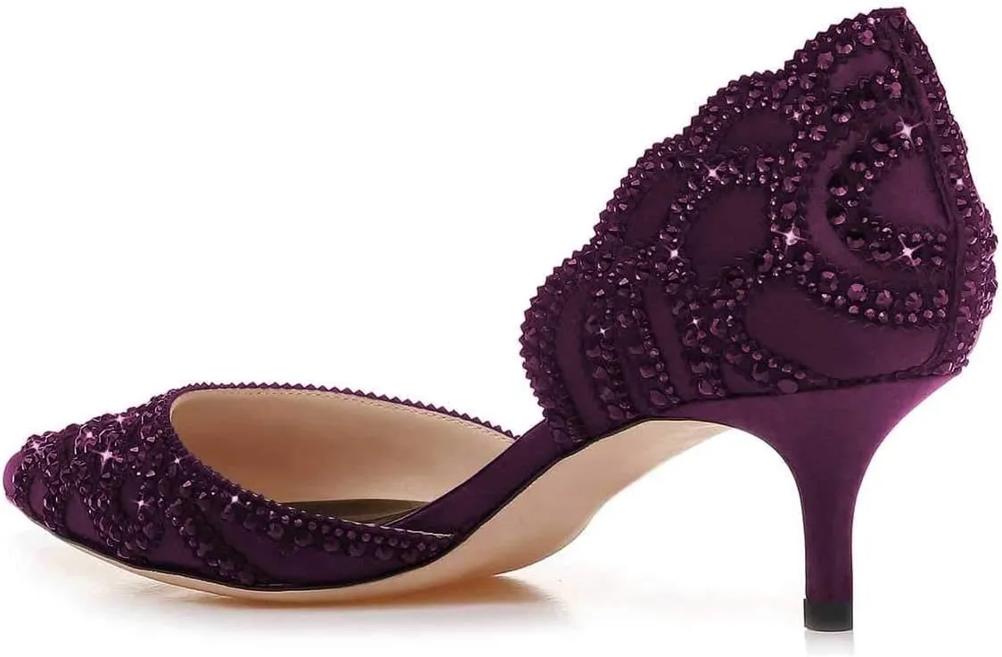 XYD Women's Pumps, Elegant Pointed Toe, D'Orsay Kitten Low Heels, Rhinestone Studs, Slip-On Satin Shoes for Wedding