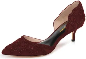 XYD Women's Pumps, Elegant Pointed Toe, D'Orsay Kitten Low Heels, Rhinestone Studs, Slip-On Satin Shoes for Wedding