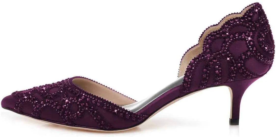 XYD Women's Pumps, Elegant Pointed Toe, D'Orsay Kitten Low Heels, Rhinestone Studs, Slip-On Satin Shoes for Wedding