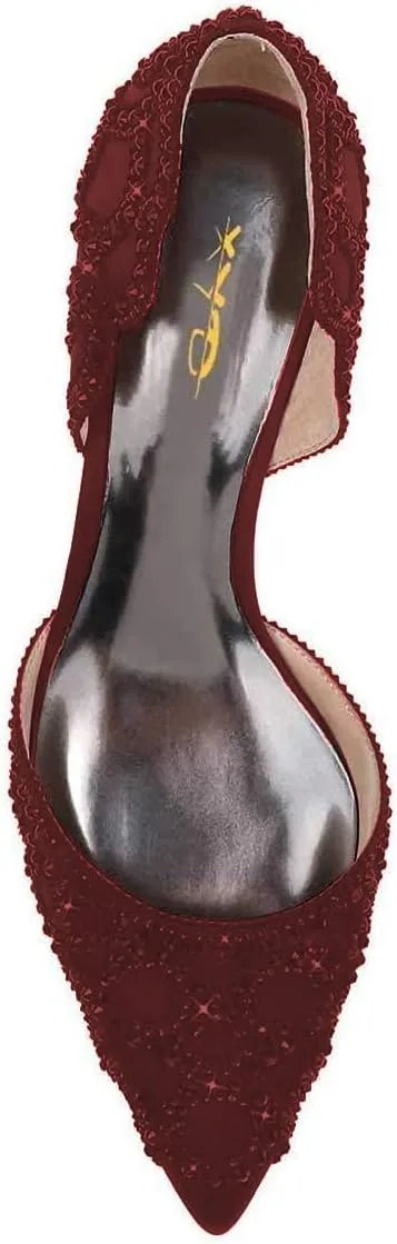 XYD Women's Pumps, Elegant Pointed Toe, D'Orsay Kitten Low Heels, Rhinestone Studs, Slip-On Satin Shoes for Wedding
