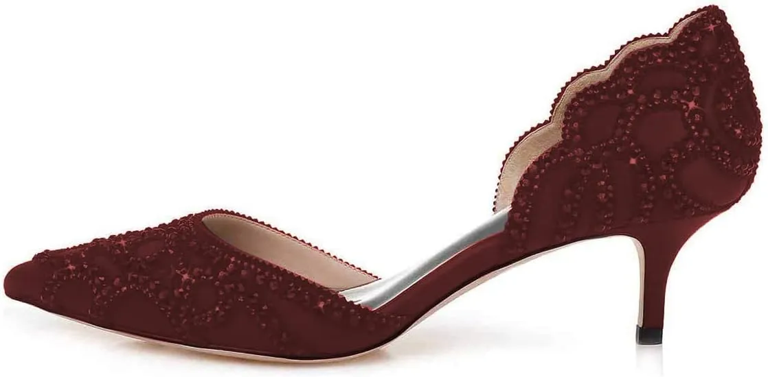 XYD Women's Pumps, Elegant Pointed Toe, D'Orsay Kitten Low Heels, Rhinestone Studs, Slip-On Satin Shoes for Wedding