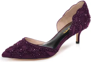 XYD Women's Pumps, Elegant Pointed Toe, D'Orsay Kitten Low Heels, Rhinestone Studs, Slip-On Satin Shoes for Wedding