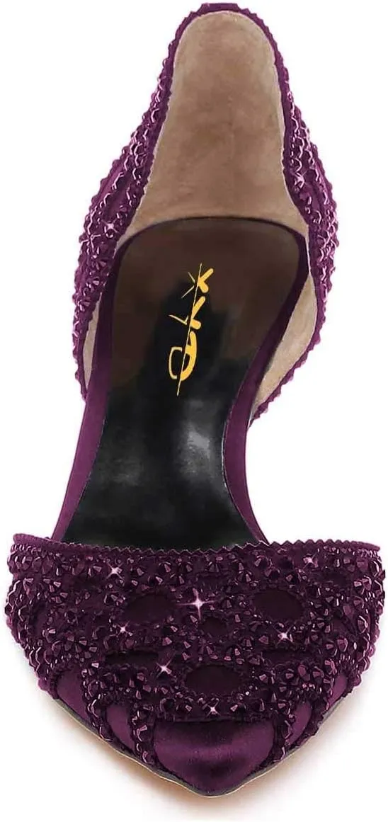 XYD Women's Pumps, Elegant Pointed Toe, D'Orsay Kitten Low Heels, Rhinestone Studs, Slip-On Satin Shoes for Wedding