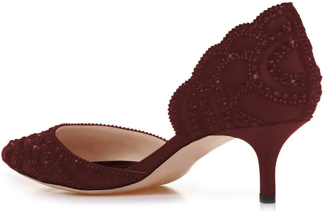XYD Women's Pumps, Elegant Pointed Toe, D'Orsay Kitten Low Heels, Rhinestone Studs, Slip-On Satin Shoes for Wedding
