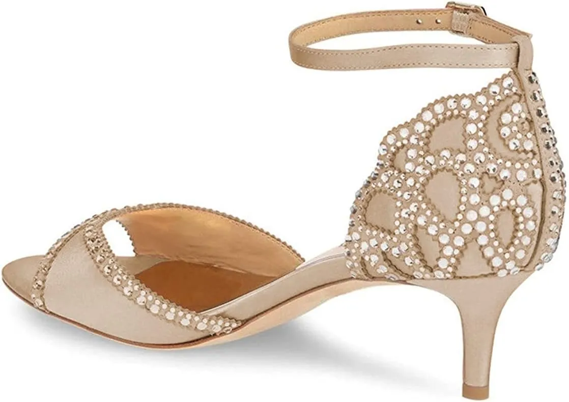 XYD Women's Sandals, Chic Peep Toe, D'Orsay Kitten Low Heels, Rhinestone Studs, Ankle Strap Satin Shoes for Wedding Ballroom