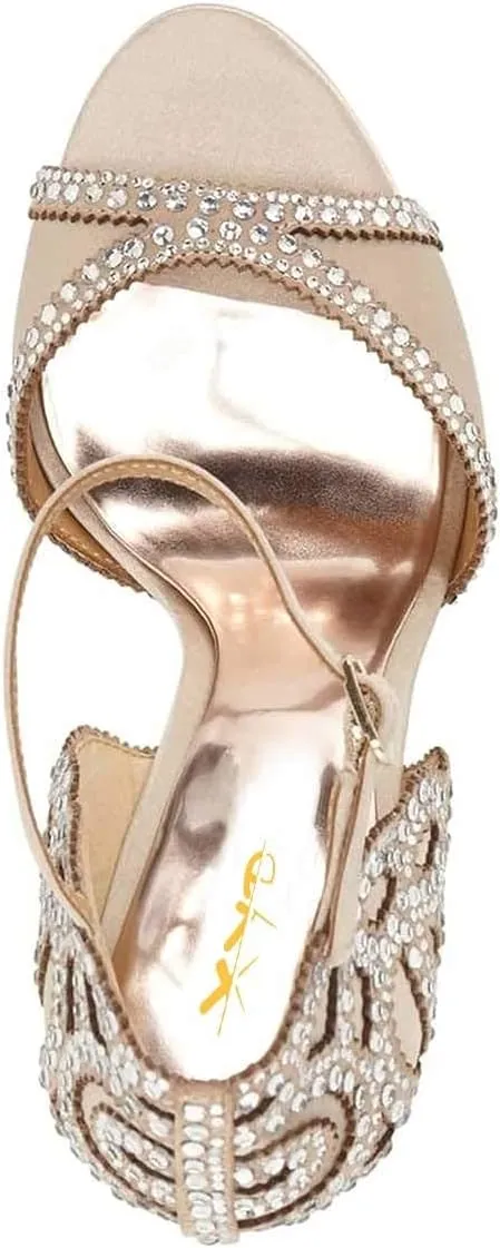 XYD Women's Sandals, Chic Peep Toe, D'Orsay Kitten Low Heels, Rhinestone Studs, Ankle Strap Satin Shoes for Wedding Ballroom