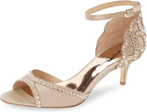 XYD Women's Sandals, Chic Peep Toe, D'Orsay Kitten Low Heels, Rhinestone Studs, Ankle Strap Satin Shoes for Wedding Ballroom