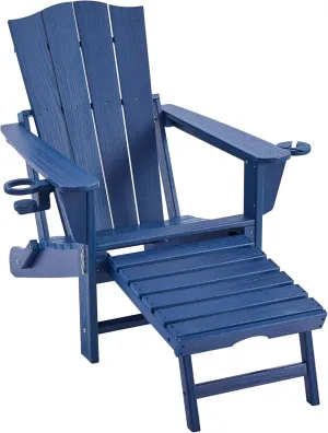 Yaheetech Adirondack Chair with Retractable Ottoman, All Weather Patio Folding Fire Pit Chair with Cup Holder and Phone Holder for Outdoor Poolside, Navy Blue