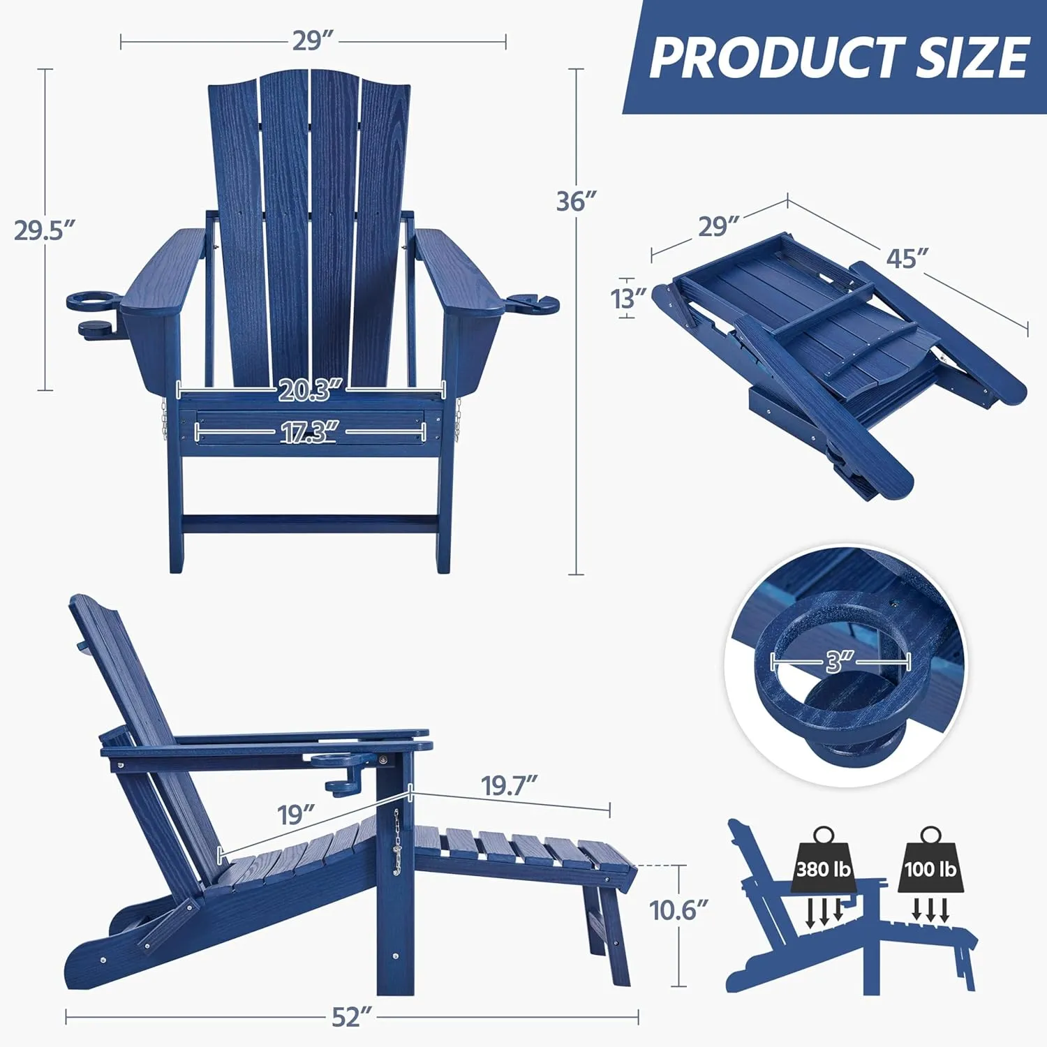 Yaheetech Adirondack Chair with Retractable Ottoman, All Weather Patio Folding Fire Pit Chair with Cup Holder and Phone Holder for Outdoor Poolside, Navy Blue