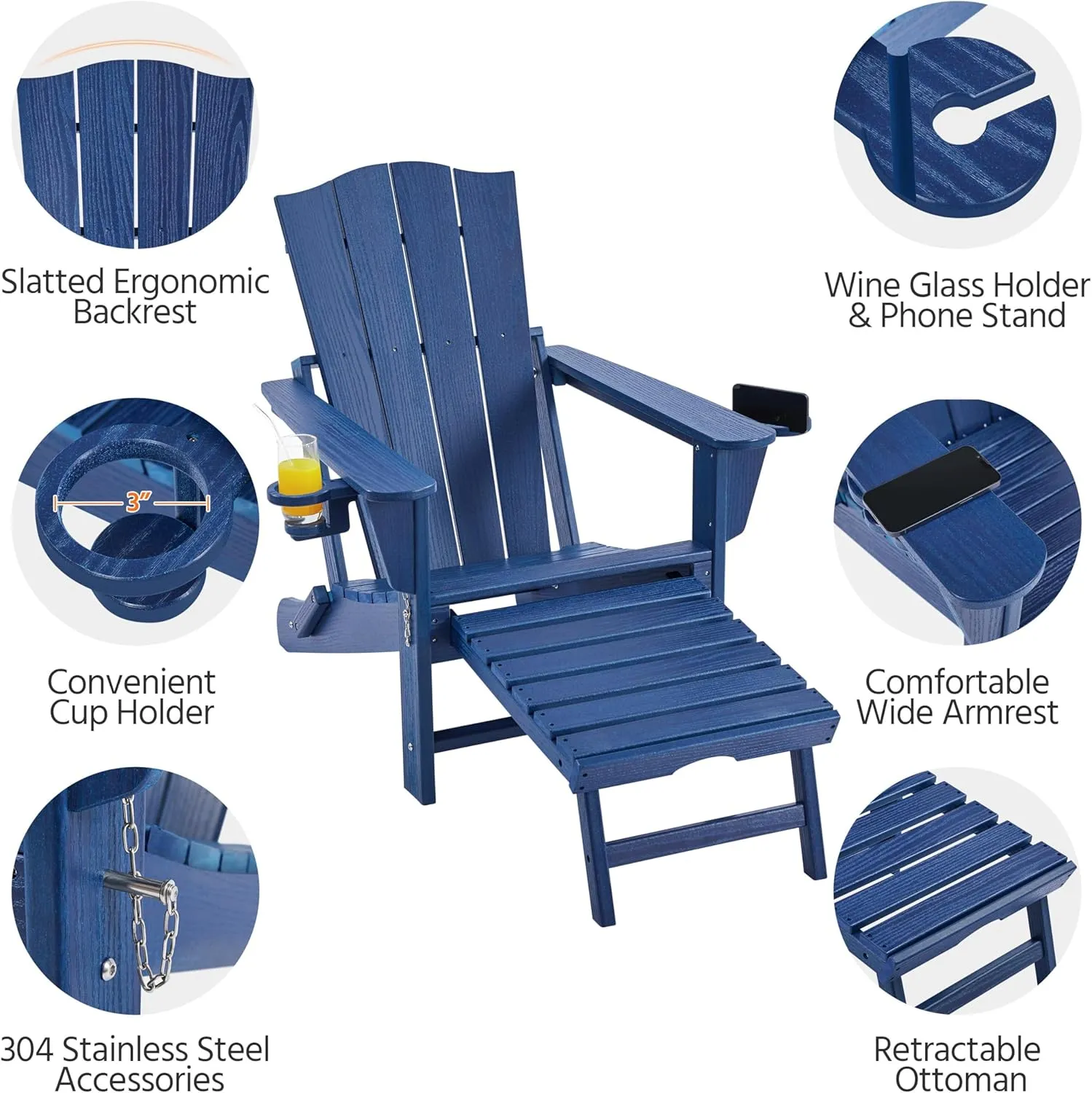 Yaheetech Adirondack Chair with Retractable Ottoman, All Weather Patio Folding Fire Pit Chair with Cup Holder and Phone Holder for Outdoor Poolside, Navy Blue