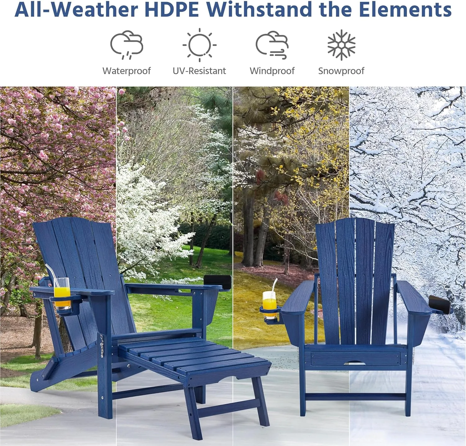 Yaheetech Adirondack Chair with Retractable Ottoman, All Weather Patio Folding Fire Pit Chair with Cup Holder and Phone Holder for Outdoor Poolside, Navy Blue
