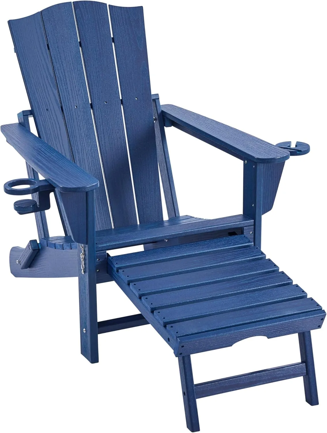 Yaheetech Adirondack Chair with Retractable Ottoman, All Weather Patio Folding Fire Pit Chair with Cup Holder and Phone Holder for Outdoor Poolside, Navy Blue