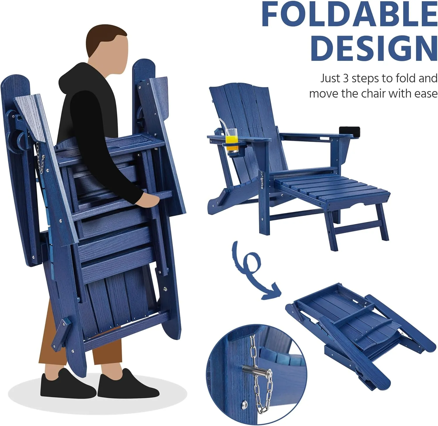 Yaheetech Adirondack Chair with Retractable Ottoman, All Weather Patio Folding Fire Pit Chair with Cup Holder and Phone Holder for Outdoor Poolside, Navy Blue