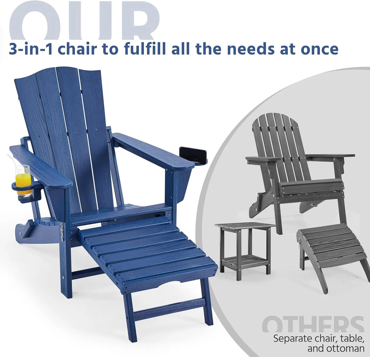 Yaheetech Adirondack Chair with Retractable Ottoman, All Weather Patio Folding Fire Pit Chair with Cup Holder and Phone Holder for Outdoor Poolside, Navy Blue