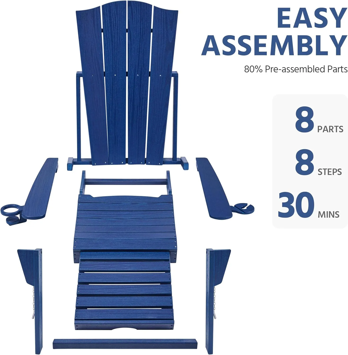 Yaheetech Adirondack Chair with Retractable Ottoman, All Weather Patio Folding Fire Pit Chair with Cup Holder and Phone Holder for Outdoor Poolside, Navy Blue
