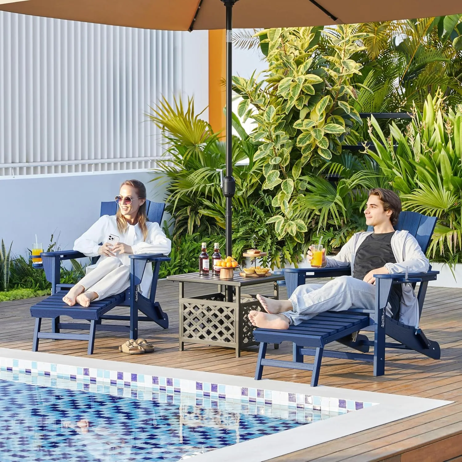 Yaheetech Adirondack Chair with Retractable Ottoman, All Weather Patio Folding Fire Pit Chair with Cup Holder and Phone Holder for Outdoor Poolside, Navy Blue