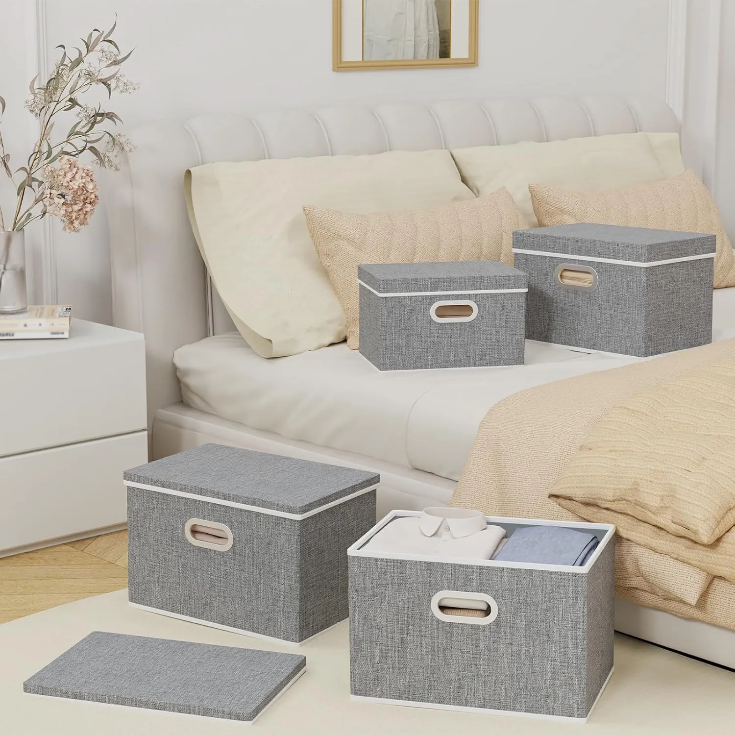 Yawinhe Storage Bins with Lids, Decorative Boxes Comes with 2 Metal Handles, Waterproof Organizer Basket, Closet Containers, Gray, 15''Lx9.8''Wx9.8''H, 3-Pack